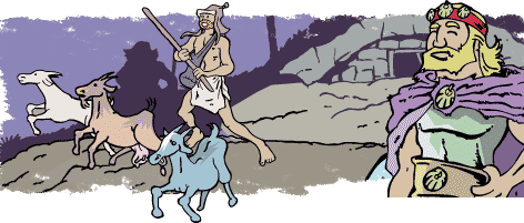 Mencey y pastor con sus cabras, con cueva de habitaci�n al fondo