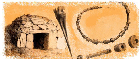 Diversos motivos arqueol�gicos: casa de piedra, punz�n, collar y cuentas