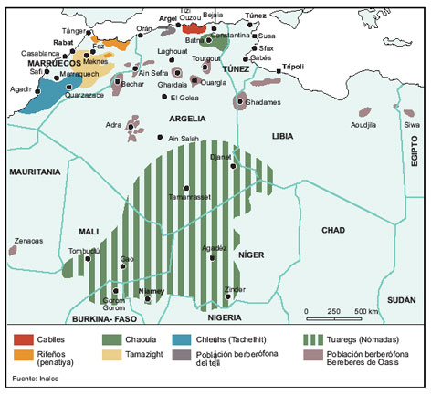 Mapa de la Tamazight en la actualidad. Fuente: Revista AFKAR/IDEAS - Invierno 2005