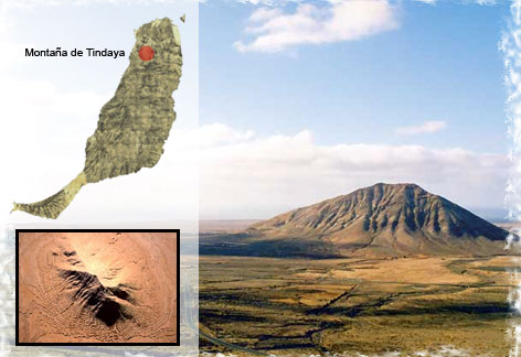 Localizacin de Tindaya en un mapa de Fuerteventura, con vistas de la montaa