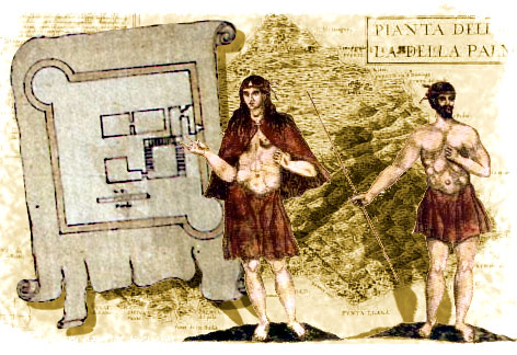 Fortaleza de Las Palmas de Gran Canaria y pareja de gomeros, con mapa de La Palma al fondo, todo ello dibujado por Torriani