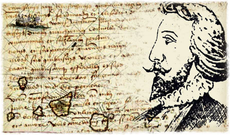 Retrato de Viana, con fragmento manuscrito de la obra y mapa antiguo de las Islas al fondo