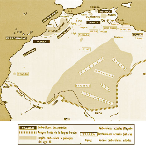 Mapa de la lengua amazighe continental, en el que observamos el dialecto de los Ghumara (Fuente: CAMPS, Gabriel. 1998 (1978). Los bereberes: de la orilla del Mediterrneo al lmite meridional del Shara. Barcelona: Icaria)