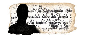 Silueta enigm�tica, con fragmento manuscrito de la obra al fondo