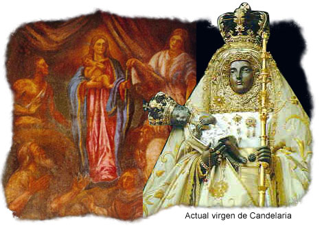 Actual Virgen de Candelaria, con pintura de antiguos isle�os ador�ndola al fondo