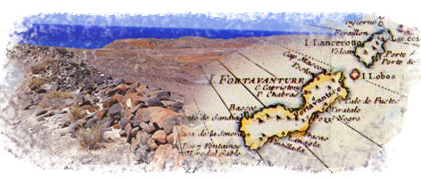 Vista de la costa de Fuerteventura y mapa antiguo de las dos islas orientales